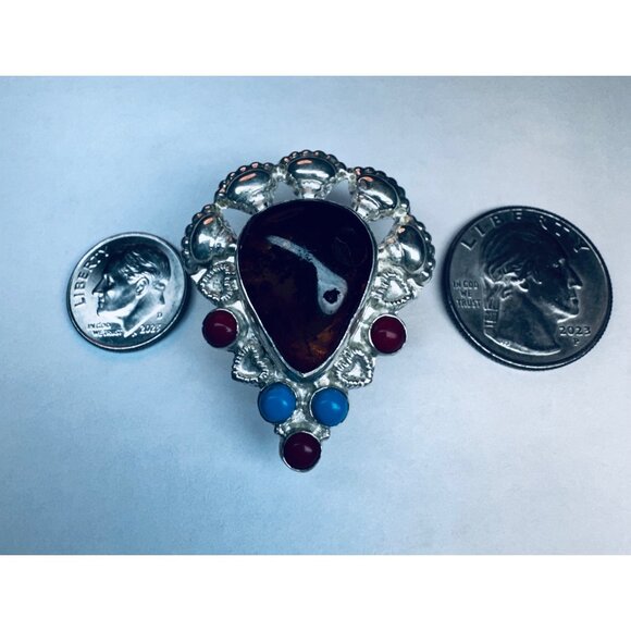 925 Sterling Silver Statement Ring Amber Turquoise Coral Inlay Size 8 Estate - Picture 7 of 11